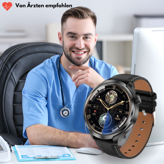 VitalSense Pro X - Gesundheits-Smartwatch mit Lederarmband (2026) - Sonderaktion 1+1 Gratis